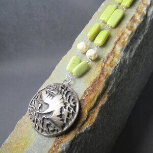 Silver Crane Medallion, Serpentine Hand Beaded Chain